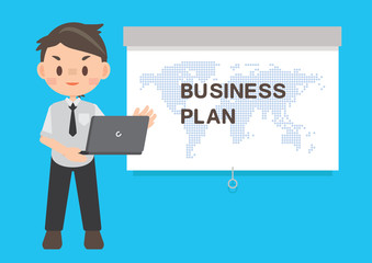 business man character standing whiteboard illustration conceptual vector