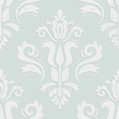 Seamless oriental light blue and white ornament. Fine traditional oriental pattern with 3D elements, shadows and highlights