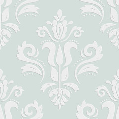 Seamless oriental light blue and white ornament. Fine traditional oriental pattern with 3D elements, shadows and highlights