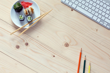 Natural handcrafted wooden Table with Computer Stationery Food