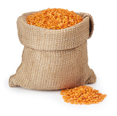 red lentils in burlap bag