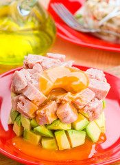 tartare: avocado and ham cooked in clay dish
