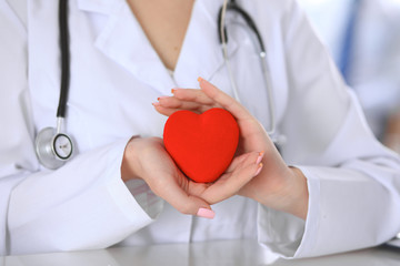 Female doctor with stethoscope holding heart.  Patients couple sitting in the background