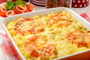 Casserole with minced meat, vegetables and cheese.