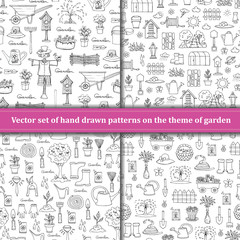 Vector set of hand drawn patterns with isolated symbols of garden