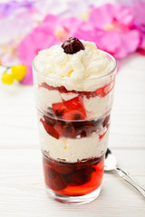 Healthy dairy dessert with cherry jelly and cherry.