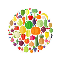 Fruits, vegetables and berries in circle shape.