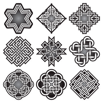 Set of logo templates in Celtic knots style. Tribal tattoo symbols package. Nine silver ornaments for jewelry design. Monochrome logos design.