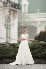Fototapeta na wymiar Wonderful bride with a luxurious white dress posing in the old town