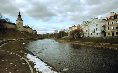 river of Pskov against the Kremlin and  Church