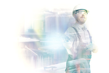 Double Exposure Image of Worker and Industrial Depot