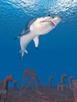 Great white shark and shipwreck
