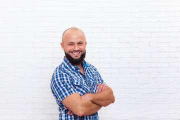 Casual Bearded Man Smiling Folded Hands 