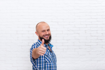 Casual Bearded Man Thumb Up Hand Gesture Smiling 