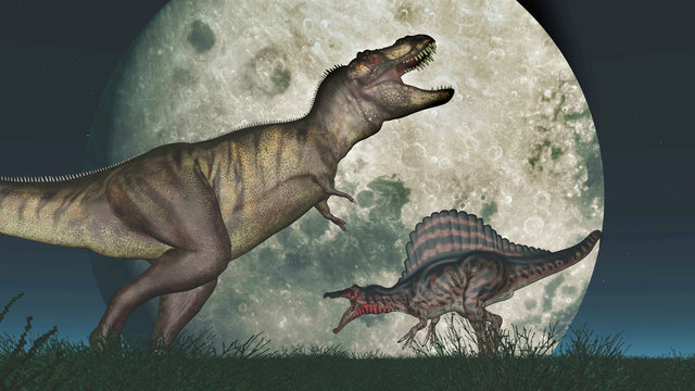Tyrannosaurus Rex and Spinosaurus in front of the moon