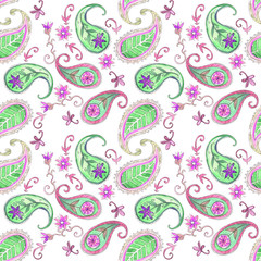 Indian ornament, watercolor. Traditional  pattern. Vintage flowers background. Decorative ornament  for fabric, textile, wrapping paper, card, invitation, wallpaper.