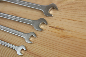 set of mechanical hand tools on wooden background