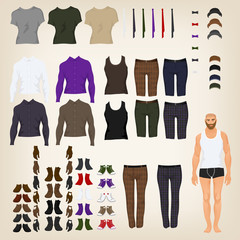 Vector hipster dress up doll with an assortment of hipster cloth