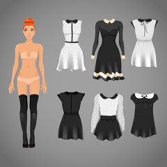 Vector dress up paper doll with an assortment of classy black an