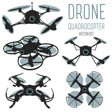 Drone quadrocopter set. Drone with action camera and remote control isolated sign. Drone logo, badge, emblem and design element. Quadrocopter store, repair & service logotype. Flying quadcopter.