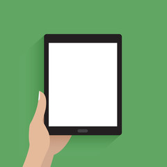 Hand hold a modern digital tablet with blank screen. Flat icon isolated on white.