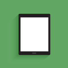 Modern generic white digital tablet with blank screen on green background. 