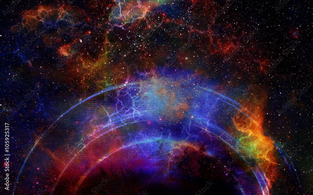 Poster cosmic space and stars with light circle and cosmic raibow, color cosmic abstract background.