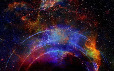 Cosmic space and stars with light circle and cosmic raibow, color cosmic abstract background.