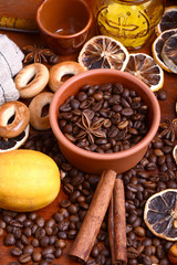 coffee beans and candle. lemon and cinnamon. anise and aroma spice