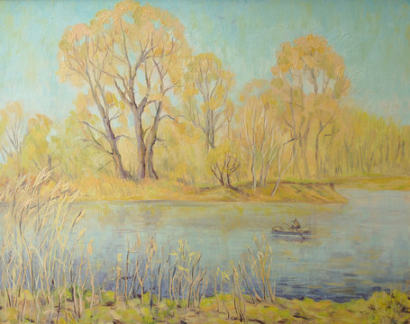 Spring landscape with trees on the shore of the river. A fisherman in a boat floating on the river. Oil painting