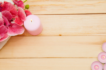 Beautiful spa composition with orchid on table close up