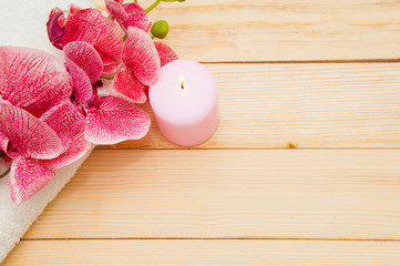 Beautiful spa composition with orchid on table close up