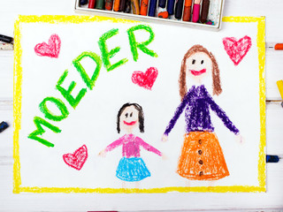 Fototapeta na wymiar Colorful drawing - Nederlands Mother's Day card with words 'Mother'