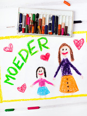 Colorful drawing - Nederlands Mother's Day card with words 'Mother'