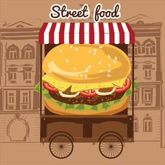 Cartoon fast-food car with a big hamburger on a white background