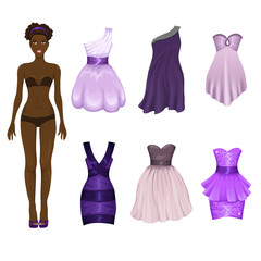 Vector dress-up doll with an assortment of purple prom and cocta