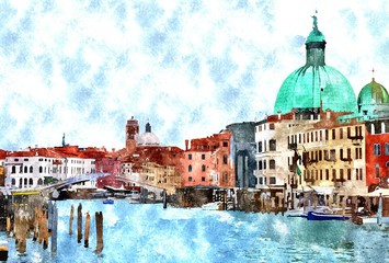 Obraz premium Abstract watercolor digital generated painting of the main water canal, houses and gondolas in Venice, Italy.