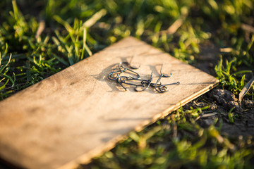 fishing hooks, fishing background, grass, sunlight, backdrop, Outdoors,