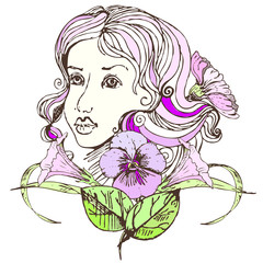hand drawn doodle pattern with girl in flowers pansy and cosmos. sketch for  tattoo, poster, print, t-shirt, invitation, cards, banners, flyers, calendars