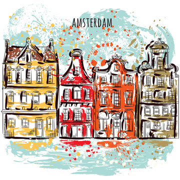 Amsterdam. Old historic buildings and canal. Traditional architecture of Netherlands. Colorful hand drawn grunge style art. Vintage vector illustration. Banner, card, scrap booking, print, poster