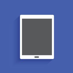 Modern generic white digital tablet with blank screen on blue background.