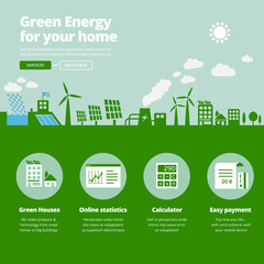 Green energy supplier. Water, solar, geothermal & wind power plants illustration website banner with services icons. 