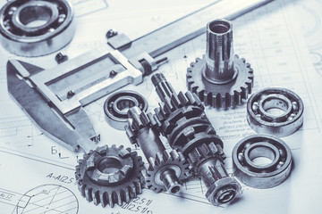 metal gears on engineering drawings