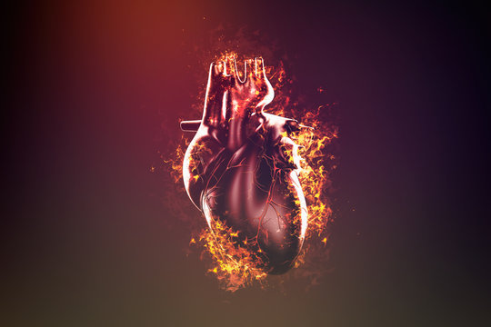 Abstract human heart in flame and smoke