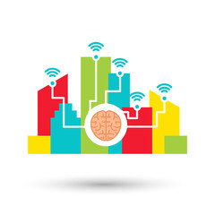 Smart city with brain and wireless network infographics, simple cityscape colorful illustration