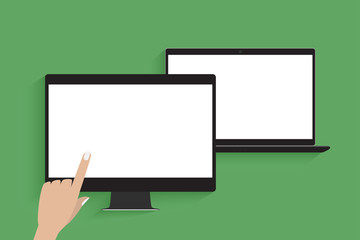 Modern laptop and hand using a touchscreen. Green background.