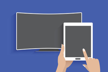 Modern TV set with blank screen, hands and digital tablet.