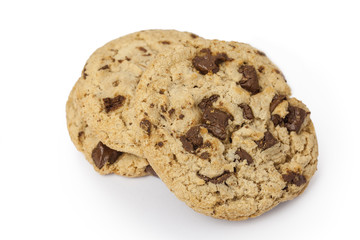 Chocolate chip cookie on white background.
