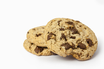Chocolate chip cookie on white background.