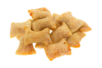 Bite size pepperoni pizza rolls on a white background side view.